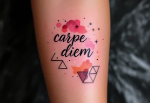 Pink ink lettering "carpe diem" on darker skin, glowing subtly like chalk on a blackboard, surrounded by geometric shapes. tattoo idea