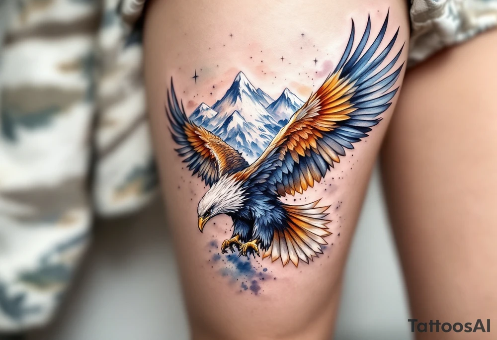 majestic eagle spreading wings against mountain peaks tattoo idea