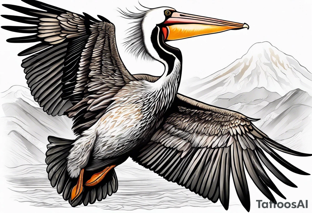 pelican, flying full speed, no background tattoo idea