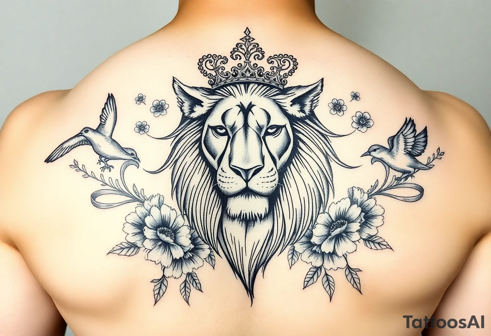 powerful majestic lion with a crown, surrounded by floral ornaments and birds tattoo idea