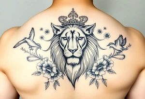 powerful majestic lion with a crown, surrounded by floral ornaments and birds tattoo idea
