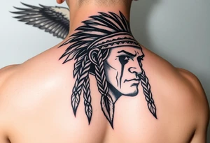 tear indian warrior with Hawk above in background, flat silhouette except Indian warrior face w tear, show it strength, honor, love, spirit.. tattoo idea