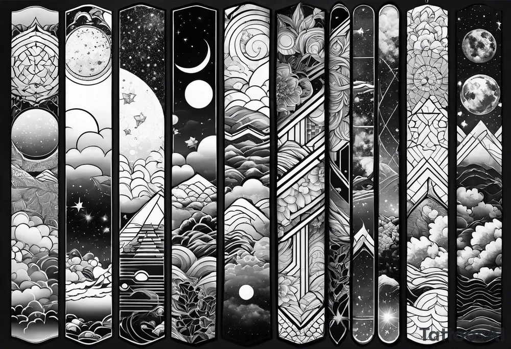 geometric arm sleeve tatoo, space, nature tattoo idea