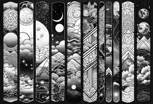 geometric arm sleeve tatoo, space, nature tattoo idea