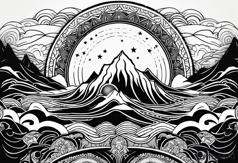 A moon that Drips at the bottom Surrounded by Mountains and waves. Mandala Style tattoo idea