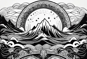 A moon that Drips at the bottom Surrounded by Mountains and waves. Mandala Style tattoo idea