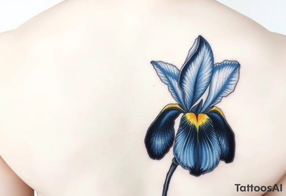 Single blue and gold Iris painted in Van Gogh style. One petal falling and one upright. Integrating Kintsugi artform. tattoo idea