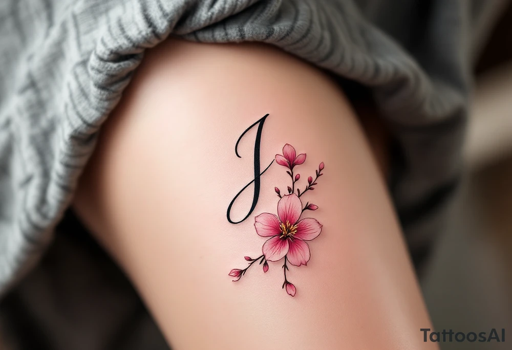 Classic script "J" in fine-line black ink, paired with a delicate pink cherry blossom. tattoo idea