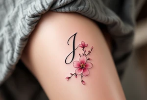 Classic script "J" in fine-line black ink, paired with a delicate pink cherry blossom. tattoo idea
