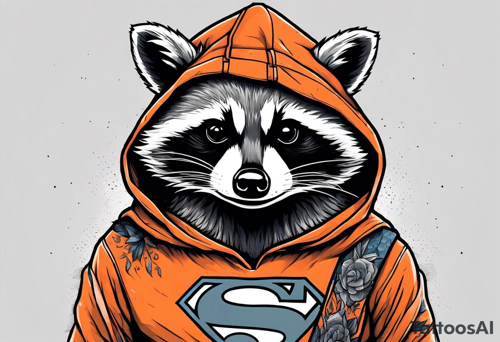 Raccoon wearing an orange Superman hoodie tattoo idea