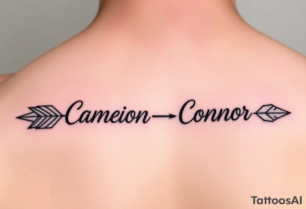 1 fine line  feminine arrow that incorporates the name Cameron and another fine line feminine arrow that incorporates the name Connor tattoo idea