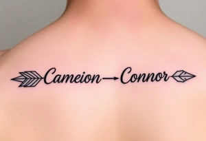 1 fine line  feminine arrow that incorporates the name Cameron and another fine line feminine arrow that incorporates the name Connor tattoo idea