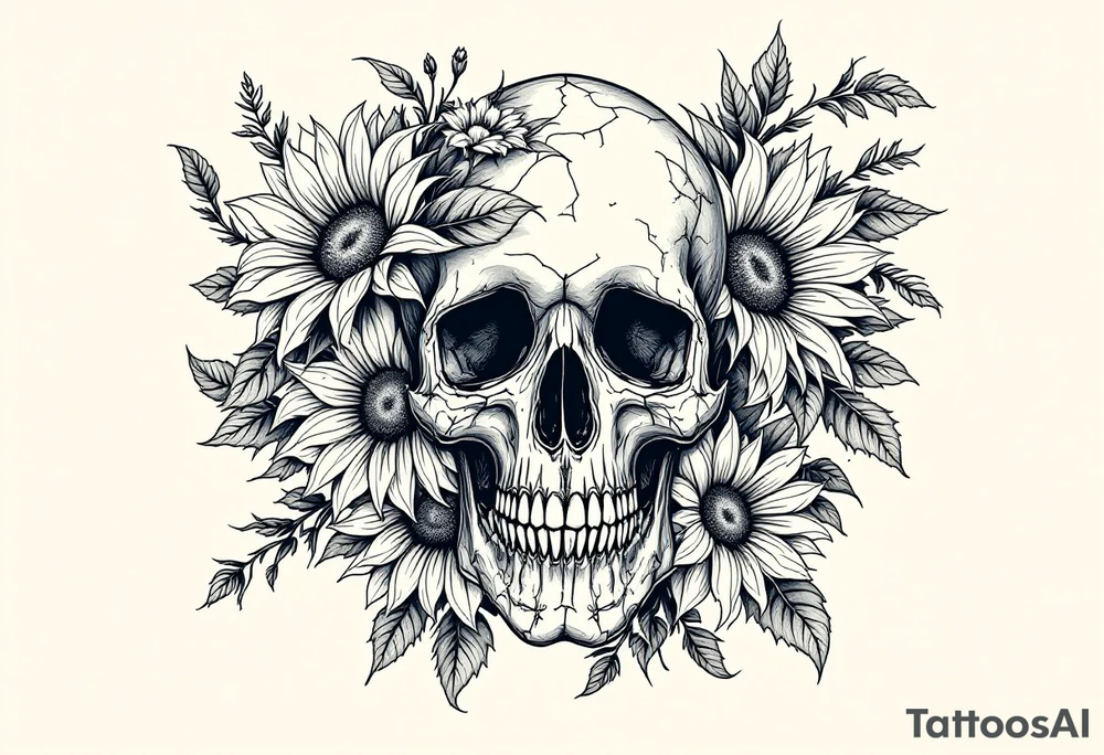 ornate skull adorned with wild roses and sunflowers tattoo idea