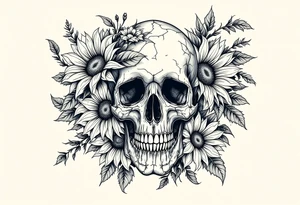 ornate skull adorned with wild roses and sunflowers tattoo idea