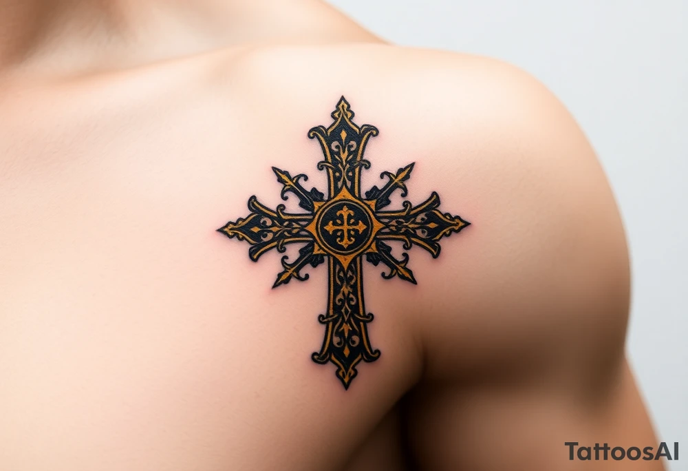 A golden Templar cross with filigree patterns, glowing against tattoo idea A golden Templar cross with filigree patterns, glowing against tattoo idea