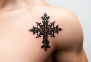 A golden Templar cross with filigree patterns, glowing against tattoo idea