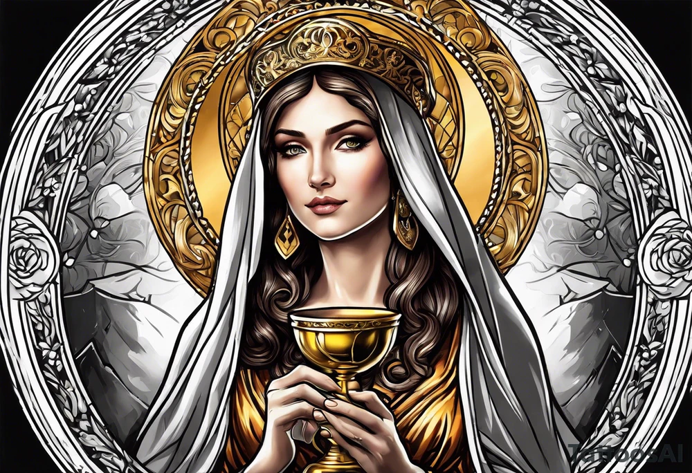 woman saint holding chalice surrounded by golden halo portrait tattoo idea