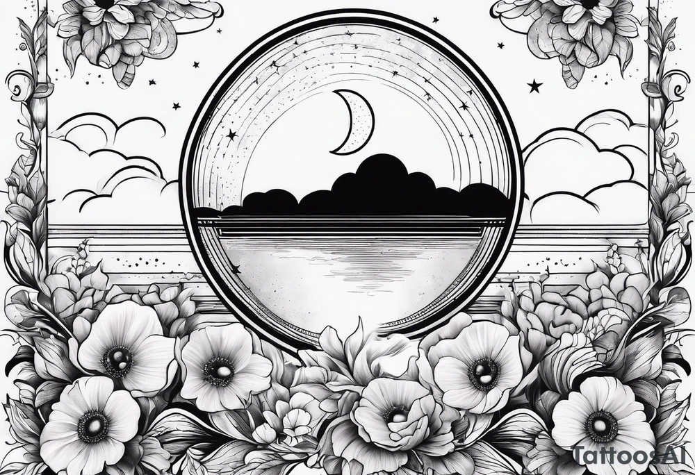 fine line vertical spine tattoo with stars, moon, clouds, poppy tattoo idea