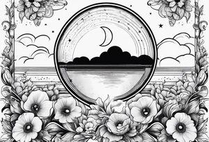 fine line vertical spine tattoo with stars, moon, clouds, poppy tattoo idea