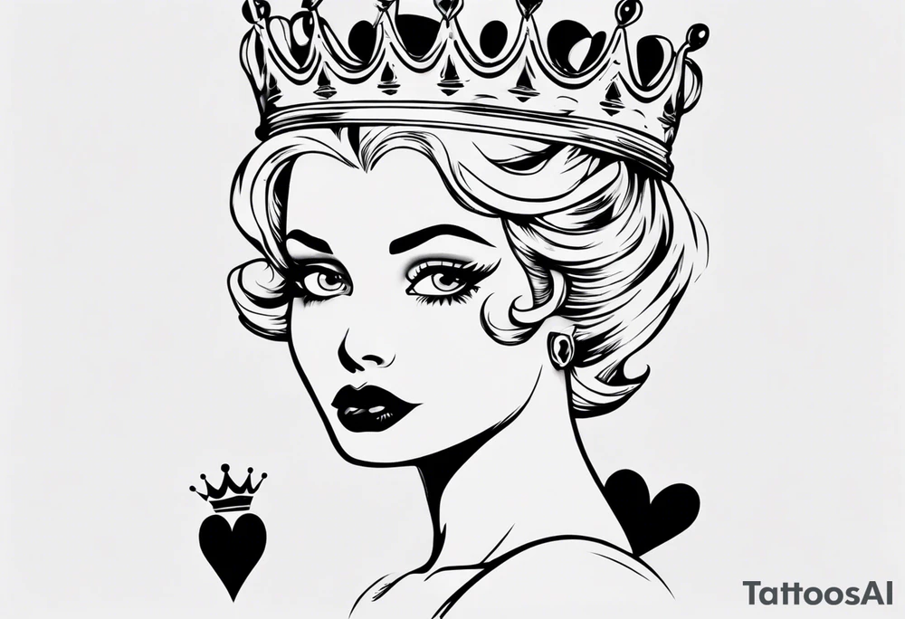 pin-up queen of hearts with only whites in her eyes and a crown tattoo idea