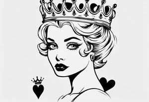 pin-up queen of hearts with only whites in her eyes and a crown tattoo idea
