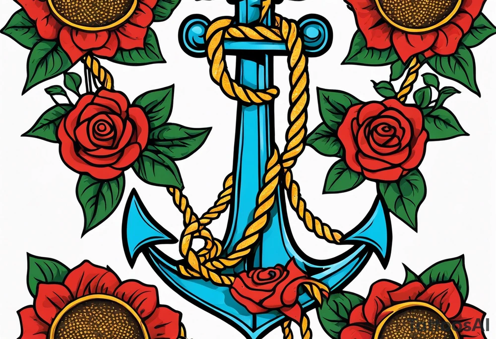 Anchor, wrapped in rope, with sunflowers and red roses 
throughout, thigh tattoo tattoo idea