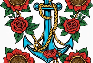 Anchor, wrapped in rope, with sunflowers and red roses 
throughout, thigh tattoo tattoo idea