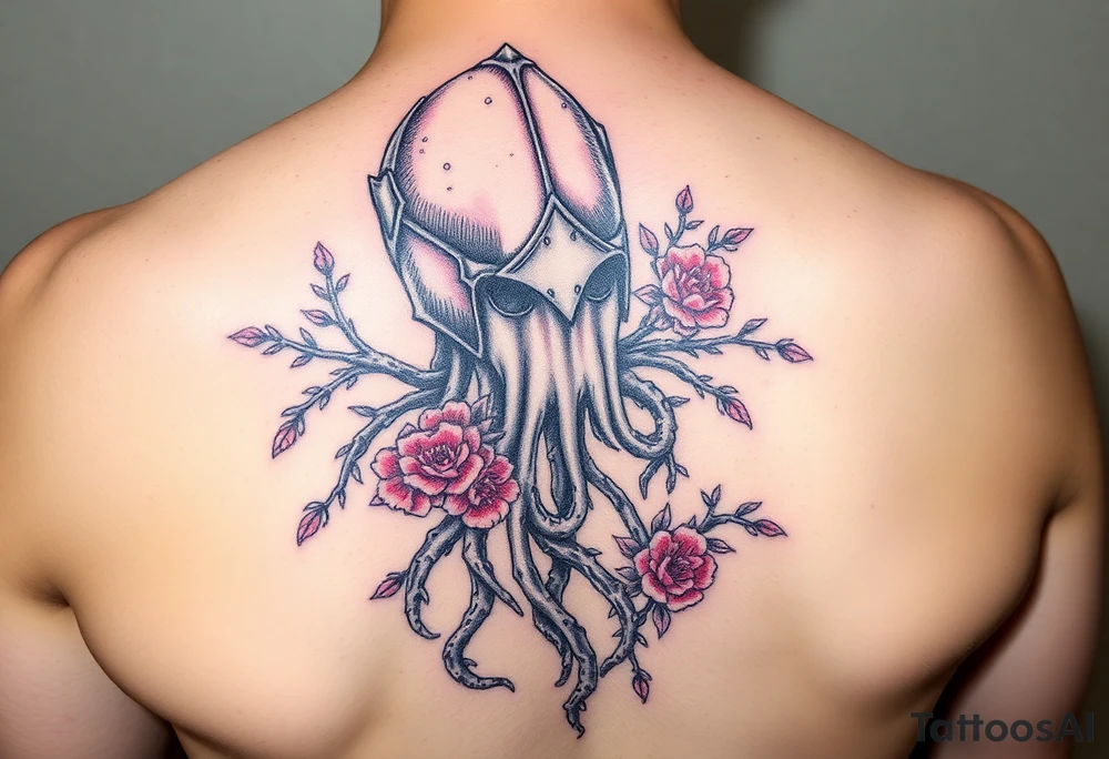 squid knight helmet combined with tree roots, cherry blossoms and roses rolling dice tattoo idea