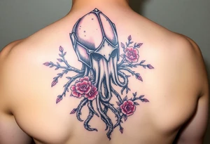 squid knight helmet combined with tree roots, cherry blossoms and roses rolling dice tattoo idea