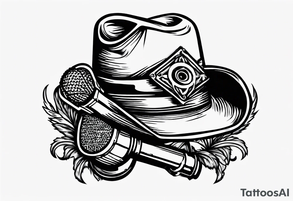 old school broadcast microphone with a cowboy hat on top of it. tattoo idea