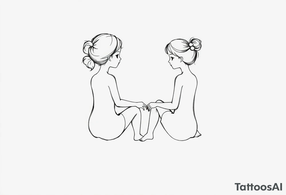 Zwei kleine mädchen sitzen sich gegenüber eine hat einen Dutt die andere einen Zopf und sie berühren sich an den Fußsohlen tattoo idea