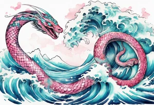 a beautiful turquoise pink and white serpent rising from the blue waves of the ocean tattoo idea