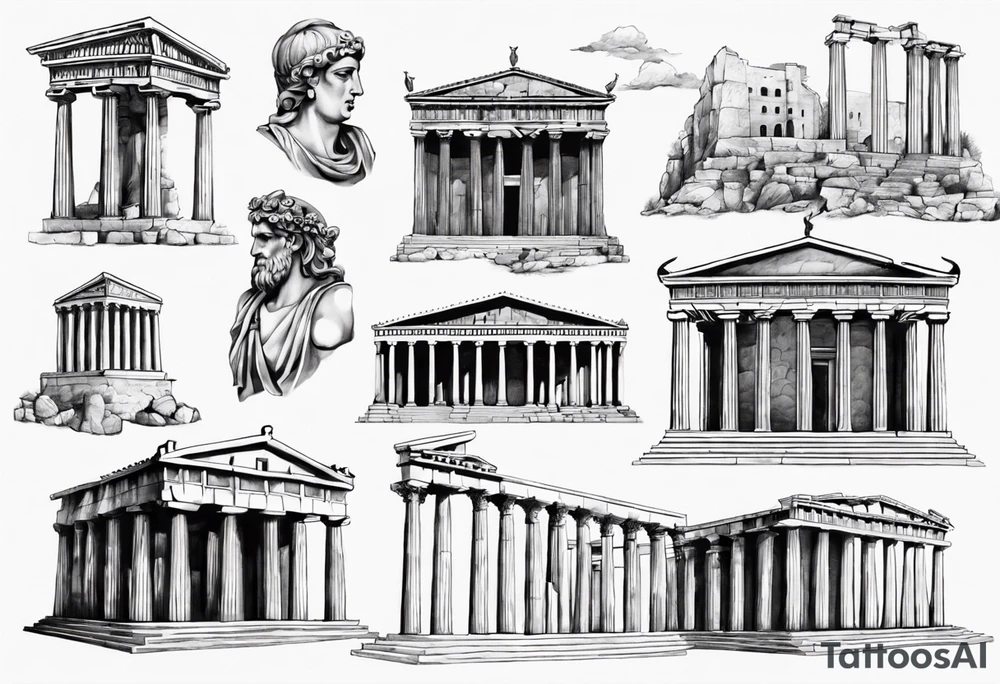 greek ancient buildings realism tattoo idea