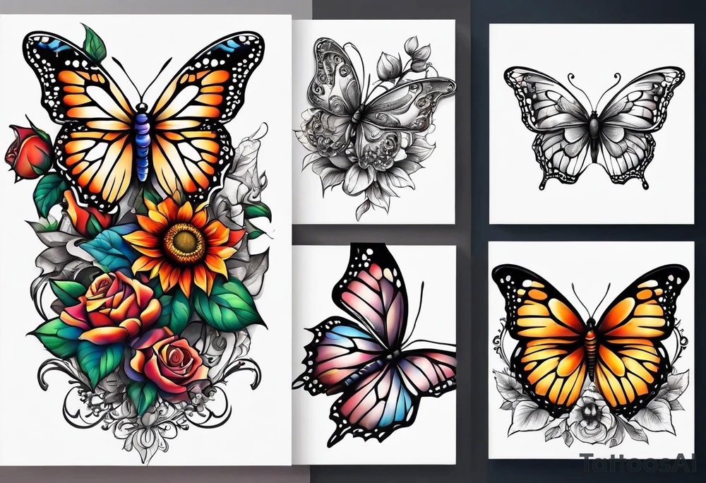 animal butterfly , flower rose, sunflower, tattoo idea