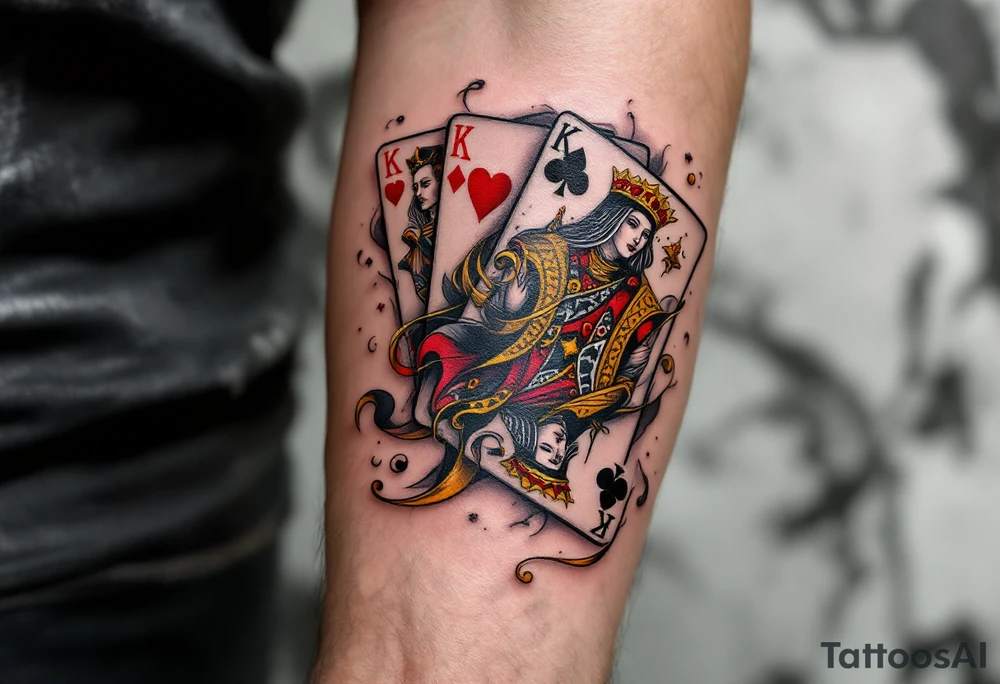 A playing cards tattoo showing the ace of spades, queen of hearts, and king of clubs fanned out in rich black, deep red, and golden-yellow ink, with realistic card textures, subtle shadowing, and faint smoky wisps curling around the edges for a dramatic, high-stakes vibe. tattoo idea