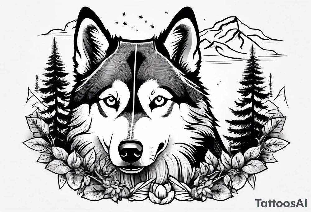 husky with compas and trees tattoo idea