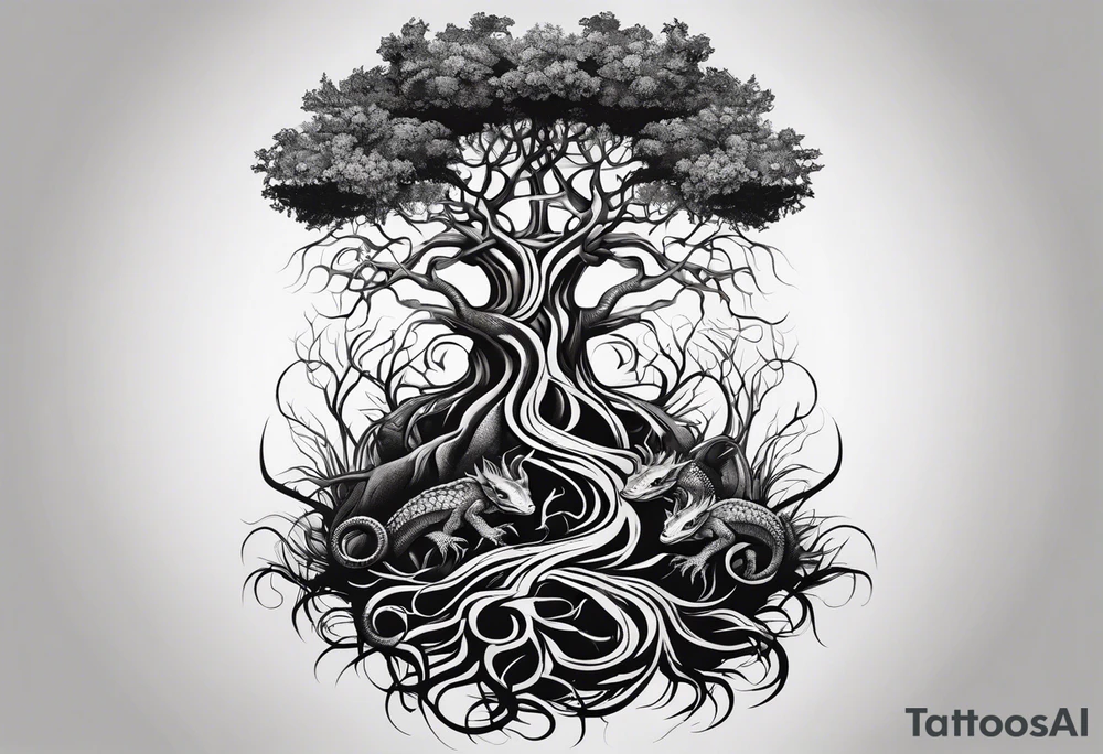 Tattoo around the forearm in the form of intertwined tree roots and two lizards hiding in the roots tattoo idea