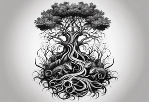 Tattoo around the forearm in the form of intertwined tree roots and two lizards hiding in the roots tattoo idea