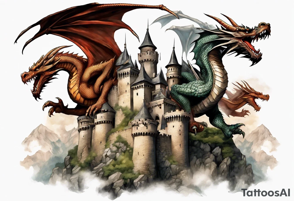 3 fierce dragons flying around the highest part of the castle, defending it from a village with angry people, angry villagers around the castle, realistic tattoo idea