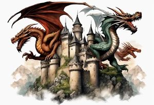 3 fierce dragons flying around the highest part of the castle, defending it from a village with angry people, angry villagers around the castle, realistic tattoo idea