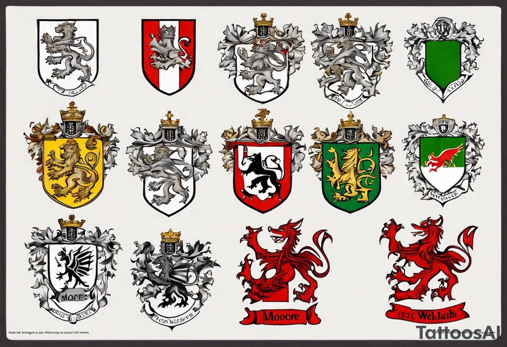 merge the English, Irish and Welsh Coat of Arms for the surname 'Moore'. The design should be symmetrical and suitable for a shoulder placement. It should feature heraldic elements from both coats of arms, such as the English Moore's lion and the Welsh Moore's dragon, intertwined in a harmonious and elegant manner. tattoo idea
