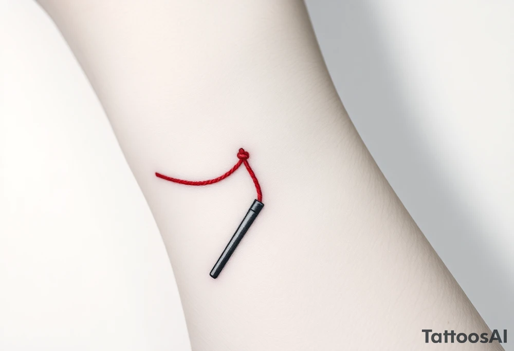 chinese chopsticks with a red thread by the end of it,
about 5cm long , 1 cm wide
it goes into the anterior part of the left wrist tattoo idea