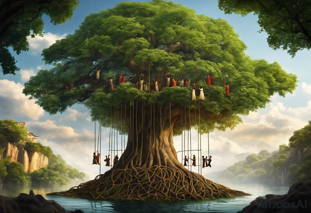 utopia picture of a tree at one level where above the surface is a group of people living in prosperity surrounding a tree. Below the surface the roots of the tree go down and turn into ropes and people are climbing these ropes to try and reach the above the surface. below the people climbing the ropes is hell, wih depicting of war slavery and death. going back to the top, above the tree is a perfection or heaven / nirvana. . include alchemical and occult symbols to depict this journey to enlightenment like religious or astrolligcal symblol. make it a full body tattoo stencil where the top of the tree would be at the chest and the ropes at the legs. tattoo idea