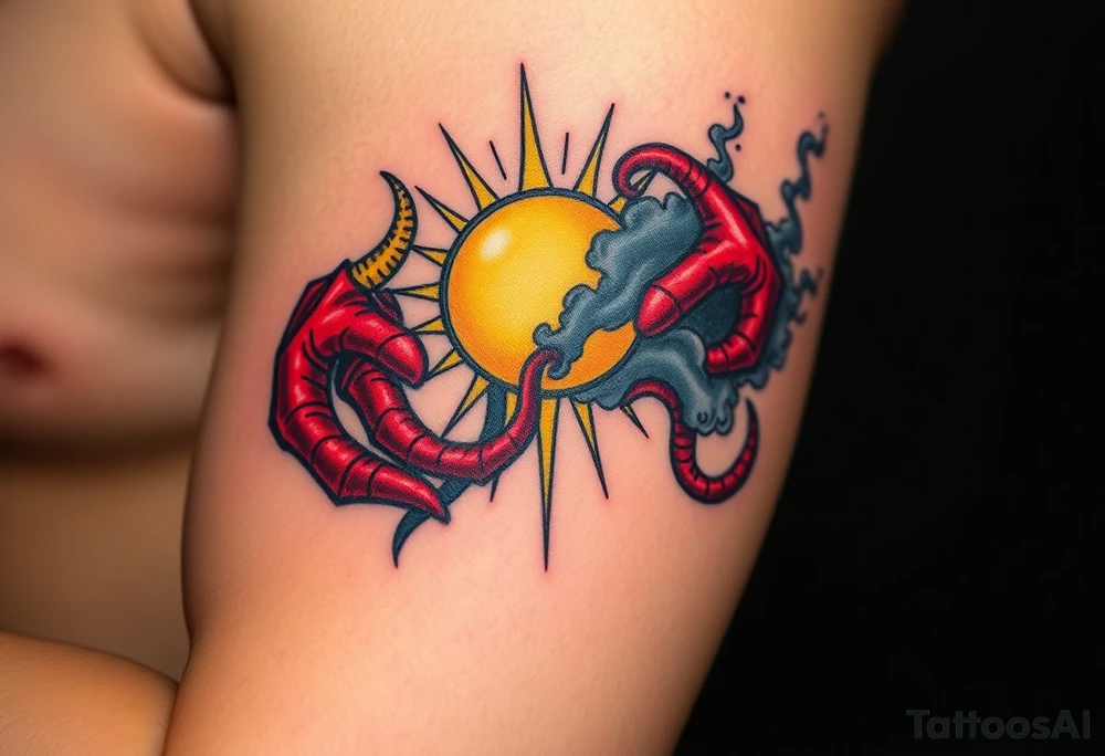 A shining golden halo, surrounded by light and rays of peace, clashing with red, twisted horns curling from the opposite side, dark and menacing, with smoke and shadows, symbolizing a battle between holiness and temptation. tattoo idea