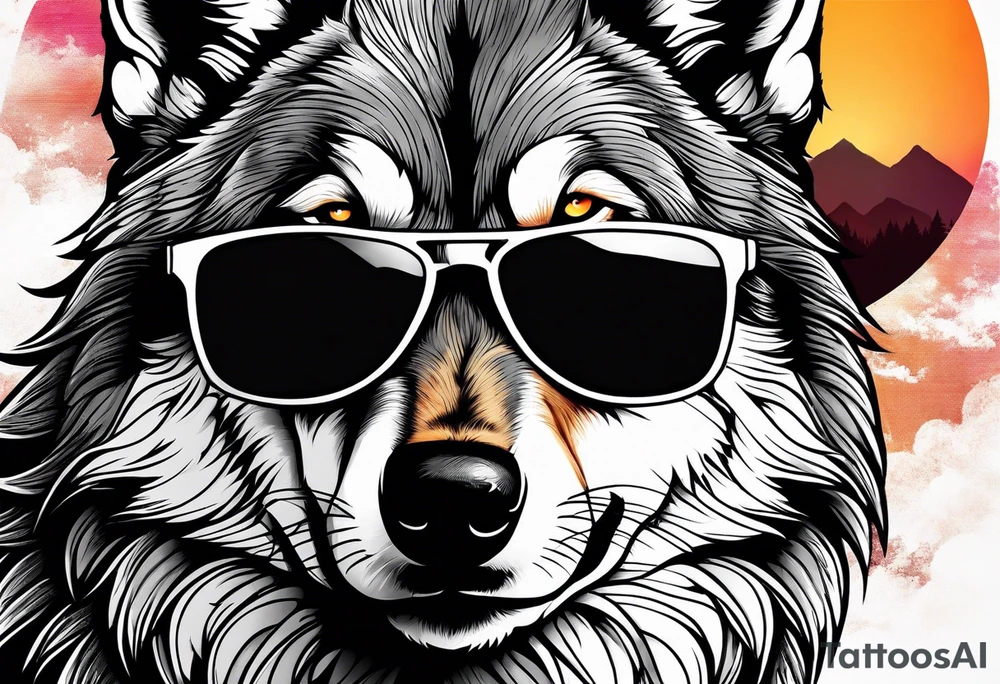 Badass wolf wearing sunglasses
Dark woods
Mountains
Sunset tattoo idea