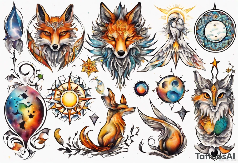 fisch, fuchs und eule , symetrie  sonne, universum, bunt, " sapere aude" tattoo idea