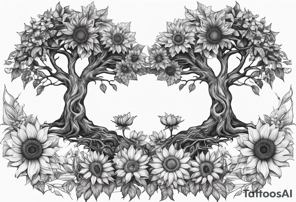 Feminine Yggdrasil tree with two sunflowers tattoo idea