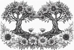 Feminine Yggdrasil tree with two sunflowers tattoo idea