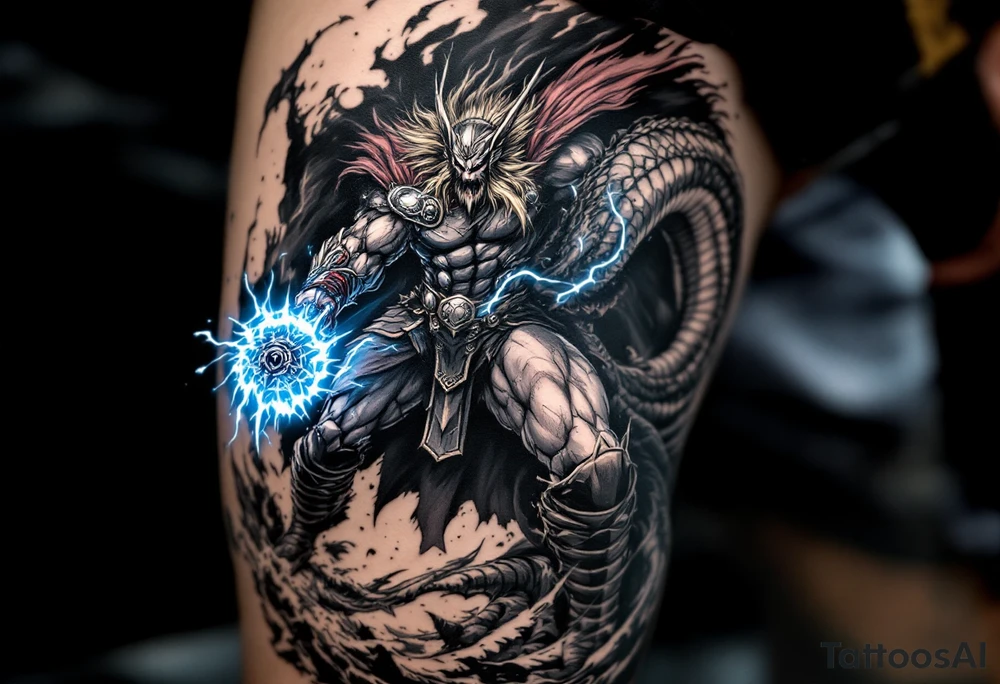 A colossal Thor battling the Midgard Serpent, Jörmungandr, with Mjölnir glowing in his hand, in high-contrast black and grey with electric blue. tattoo idea