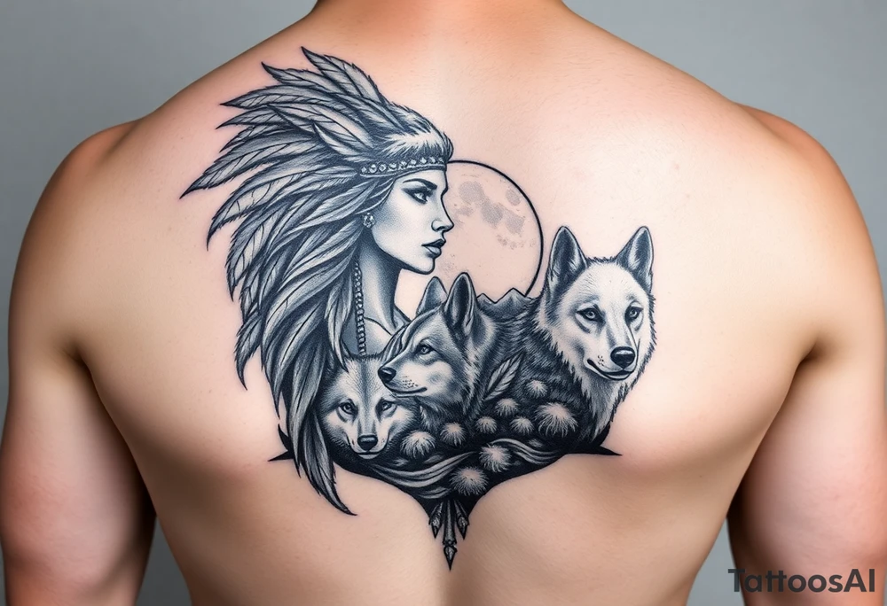 Native Amazing women with feathers in her hair, around wolves, Mountain & having the moon tattoo idea